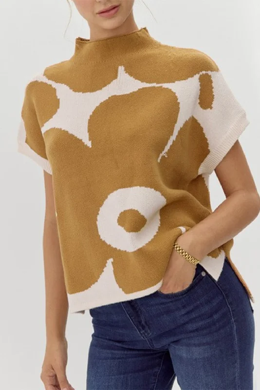 Camel Flower Print Mock Neck Knit Top