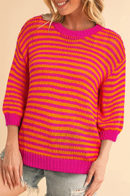 Rose Striped Puff Sleeve Round Neck Sweater