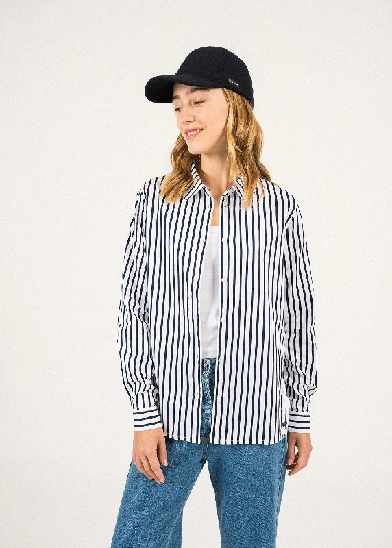 LALIE - Striped Satin Blouse  (WHITE / NAVY)