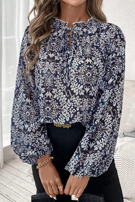 Blue Ethnic Print Lace-up Frill Neck Loose Blouse