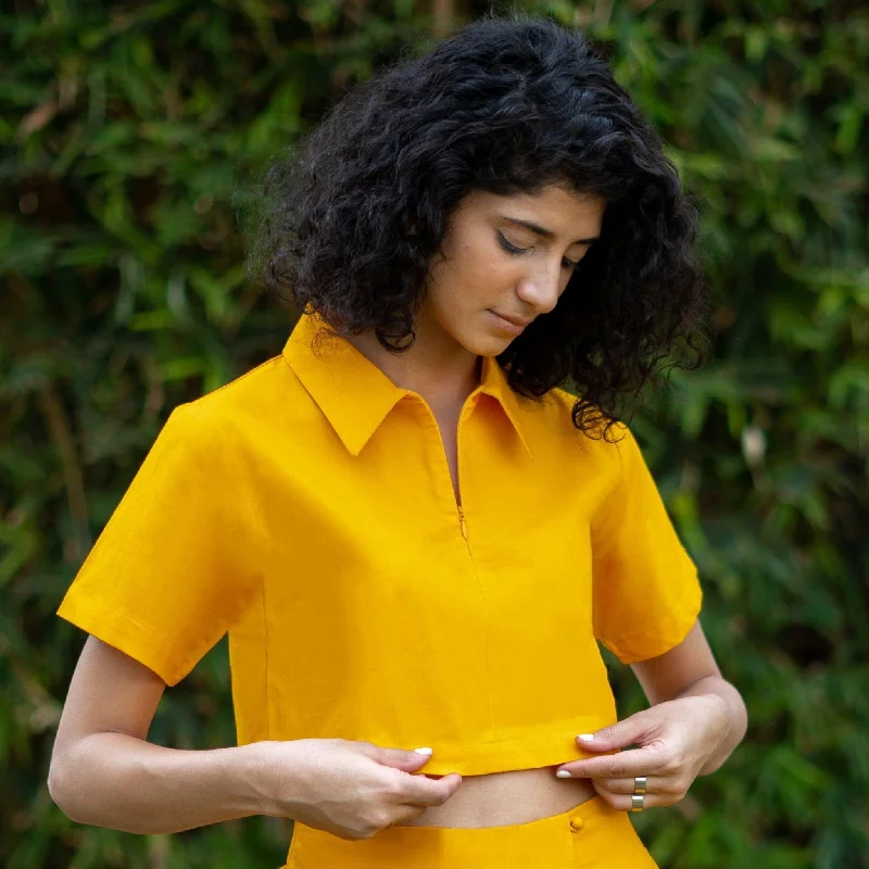 Yellow Cotton Poplin Half Sleeve Crop T-Shirt