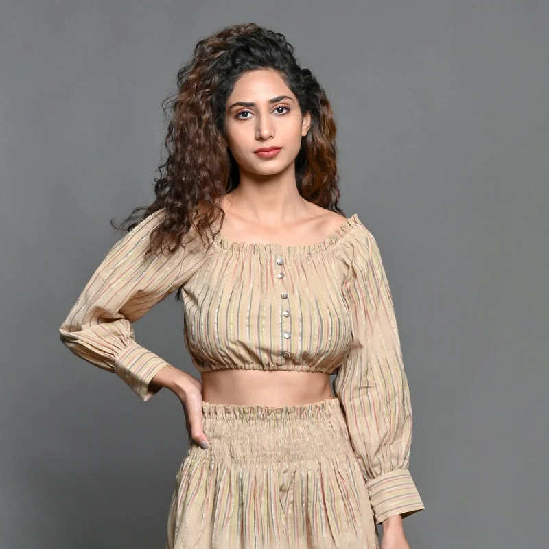 Beige Handwoven Cotton Frilled Blouson Crop Top