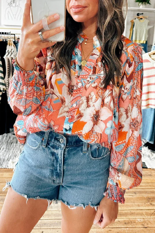 Orange Floral Print Shirred Cuff Buttoned Loose Fit Shirt