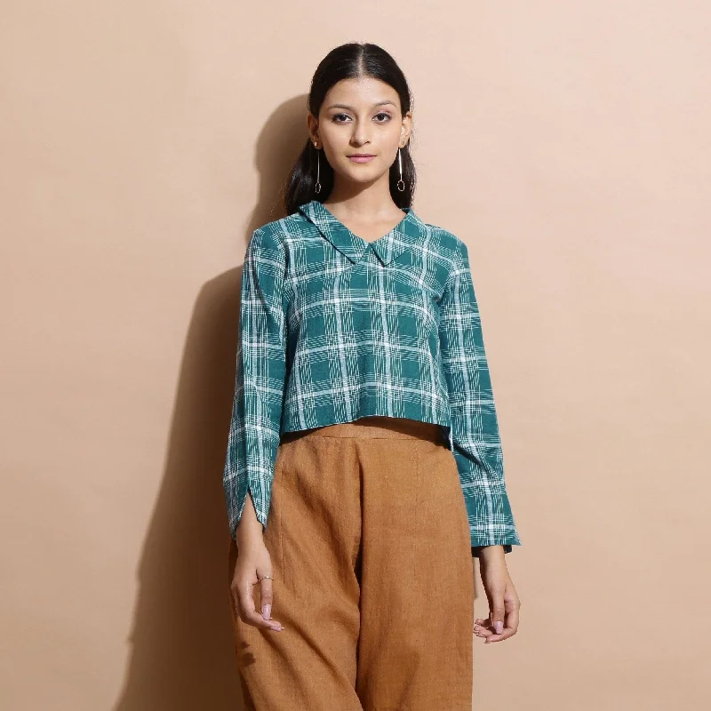 Bottle Green Checks Cotton Chelsea Collar Short Top