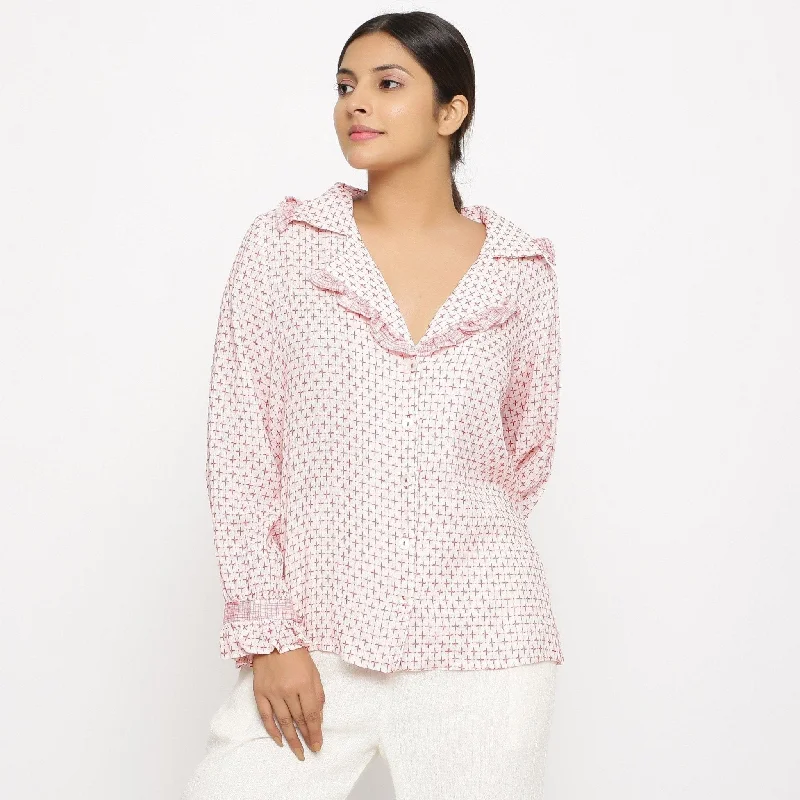 White Crinkled Cotton Notched Frill Collar Shirt