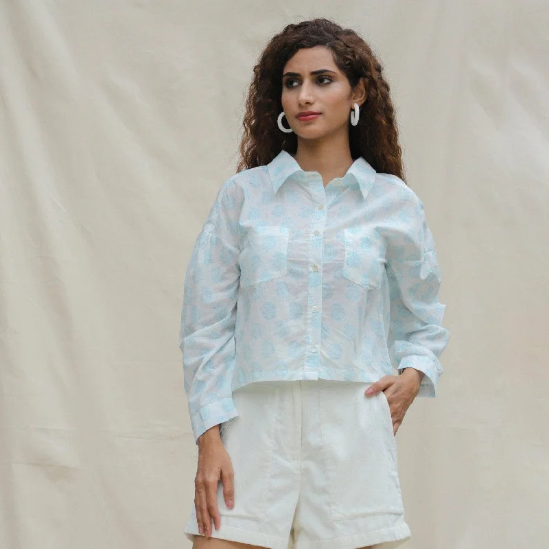 White and Powder Blue Paisley Block Printed Cotton Button-Down Shirt