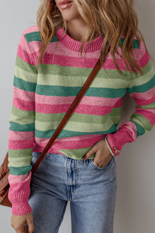 Green Striped Ribbed Edge Round Neck Sweater