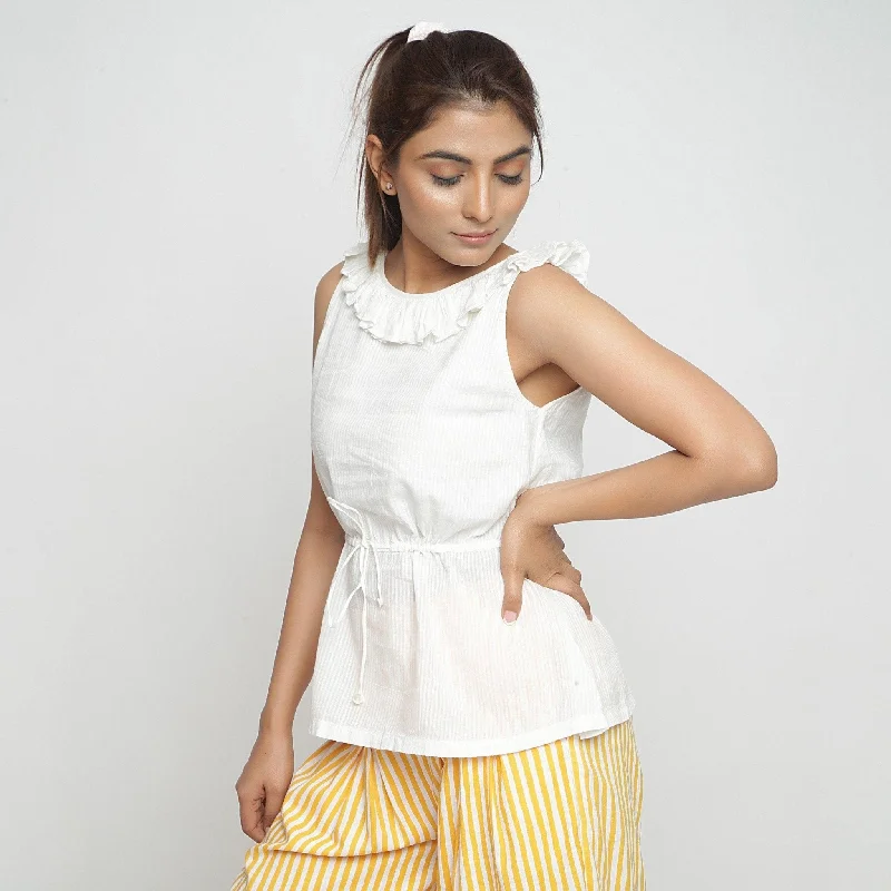 Off-White Ruffled 100% Cotton Sleeveless Peplum Top