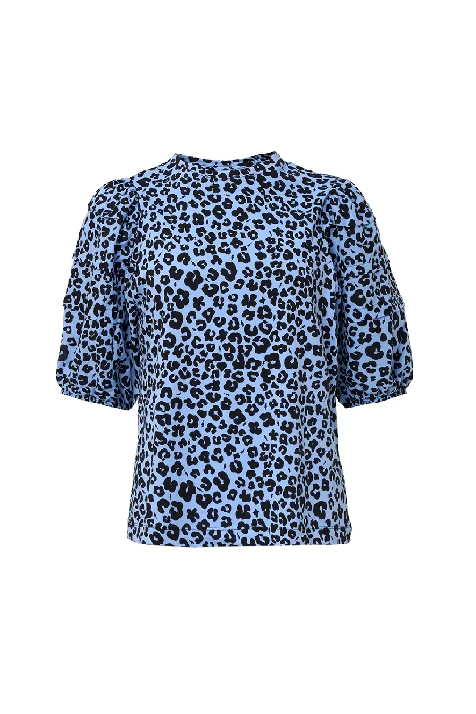 Soft Blue with Black Floral Leopard Pintuck Sleeve T-Shirt