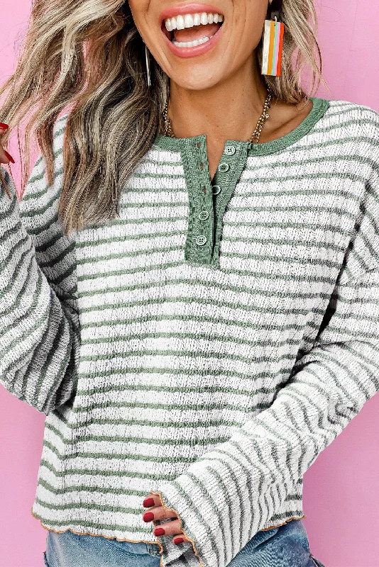 Green Stripe Textured Long Sleeve Henley Top