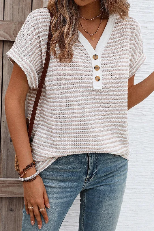 Khaki Striped Button Front V Neck Knitted Top