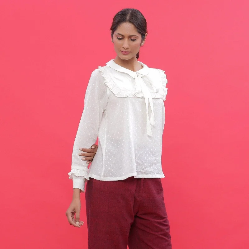 White Cotton Ruffled Yoked Flat Collar Blouse Top