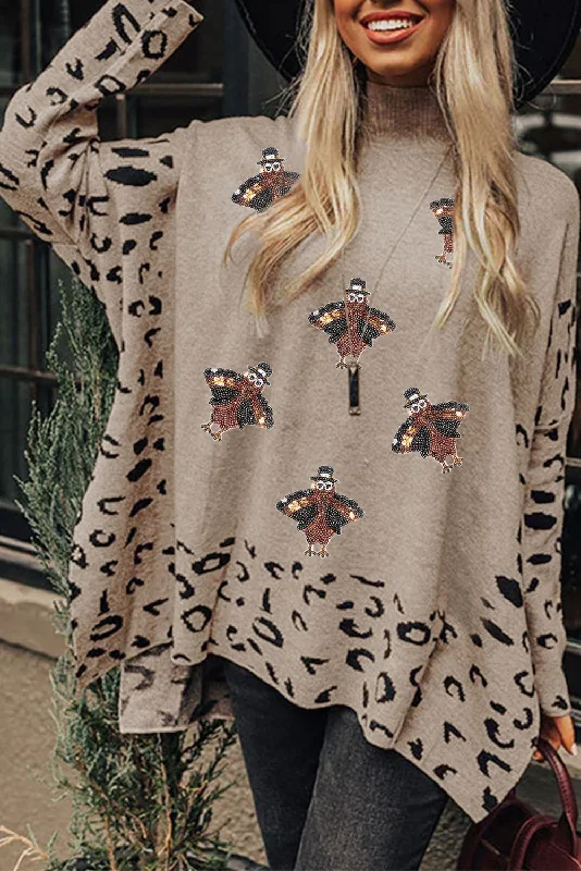 Khaki Sequin Turkey Leopard Mixed Pattern High Neck Sweater