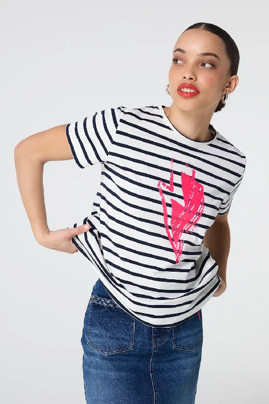 Ivory with Navy Stripe and Neon Pink Glitch Bolt T-Shirt