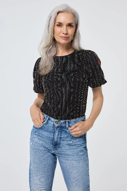 Black with Rainbow Lurex Stripe Puff Sleeve Top