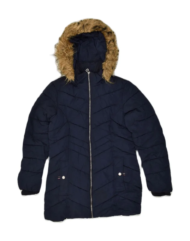 TOMMY HILFIGER Womens Hooded Padded Jacket UK 6 XS Navy Blue Polyester