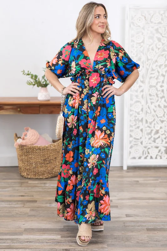 Black Floral Print V-Neck Maxi Dress