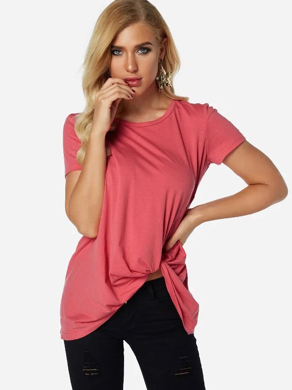 Custom Round Neck Pleated Short Sleeve Irregular Hem T-Shirts