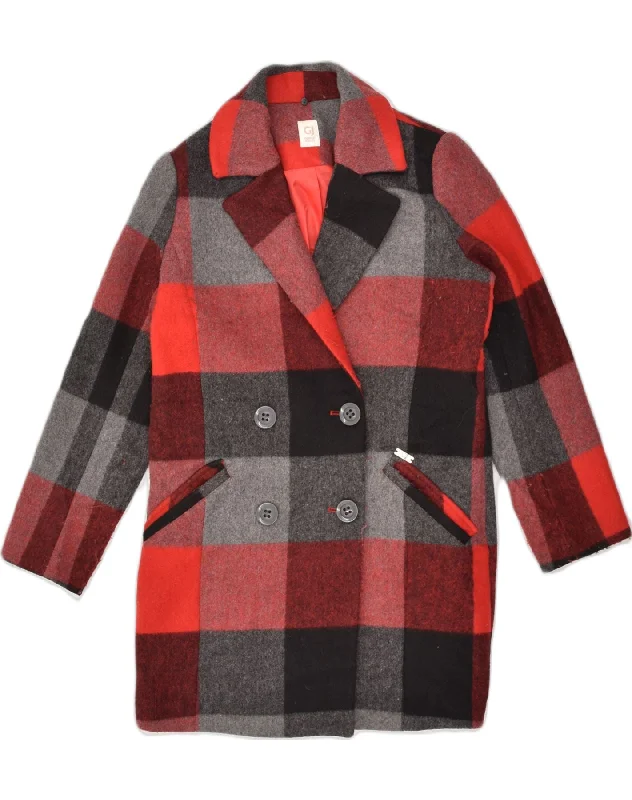 GAUDI Womens Double Breasted Overcoat IT 42 Medium Red Check Polyester