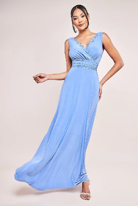 Goddiva Diamante & Scalloped Lace Neck Maxi Dress