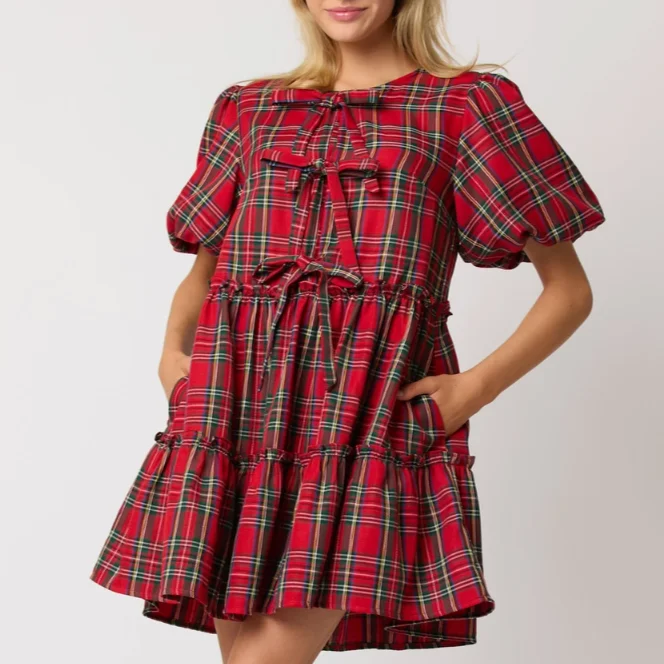 What a Gift Christmas Plaid Bubble Sleeve Mini Dress - FINAL SALE