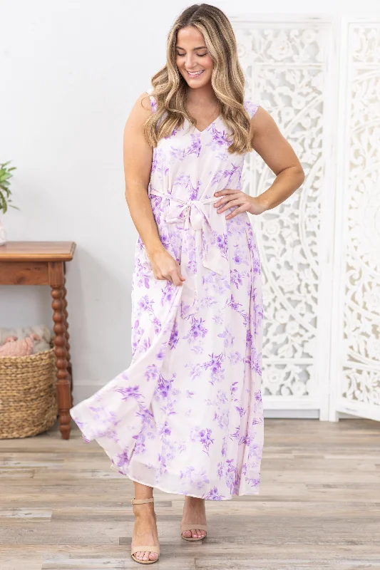 Lavender V-Neck Self Tie Floral Maxi Dress