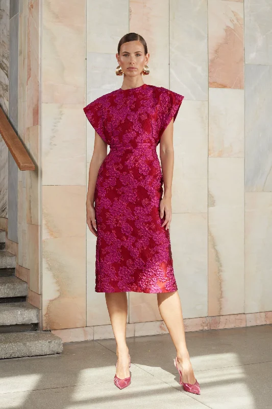 ANN red pink jacquard midi dress