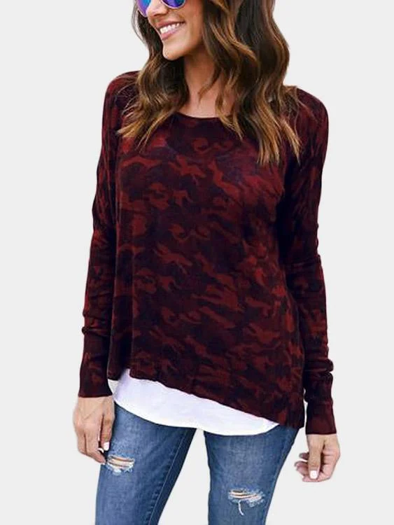 Custom Round Neck Camouflage Long Sleeve Red T-Shirts