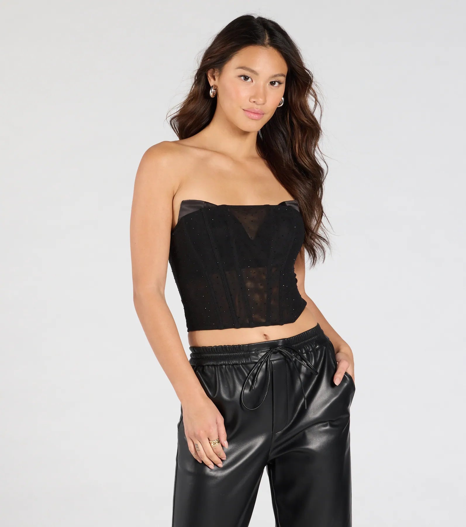 All Eyes On You Rhinestone Mesh Corset Top