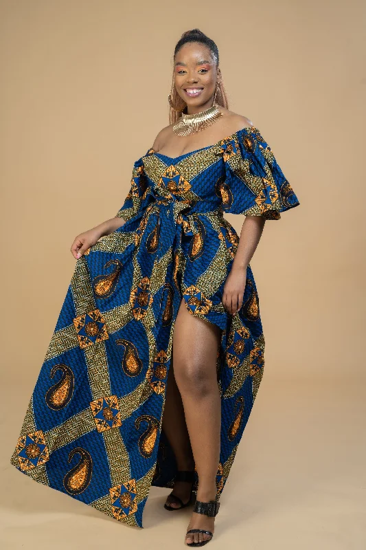 Taylor Ankara Off shoulder Maxi Dress | Blue and Gold African Print