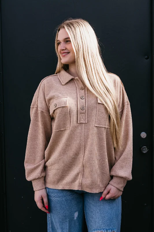 Beatrice Collared Henley Top | Taupe