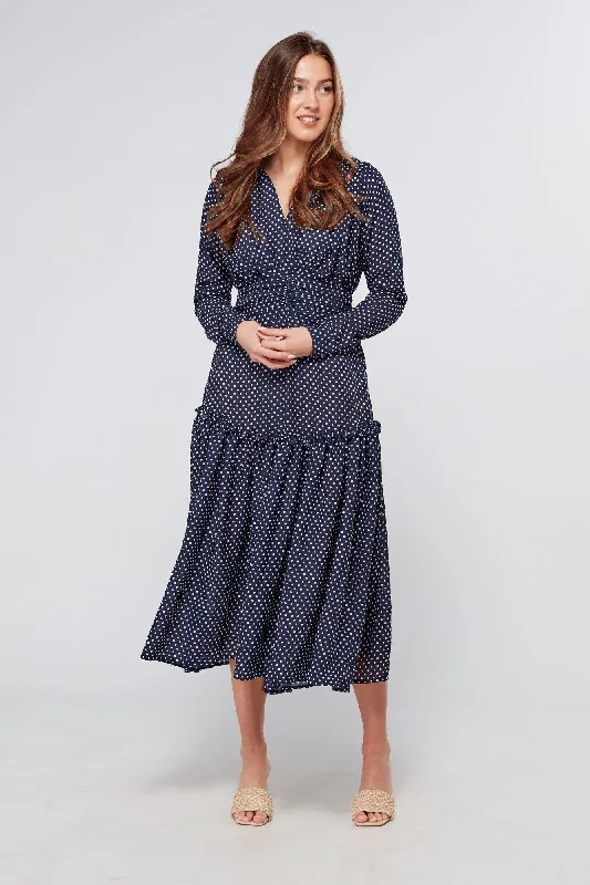 Nikita Navy Dotted Midi Dress With Long Sleeves