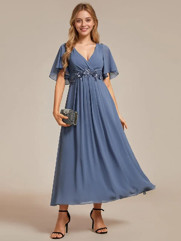 Floral Applique Short Sleeve V-Neck Chiffon Bridesmaid Dress