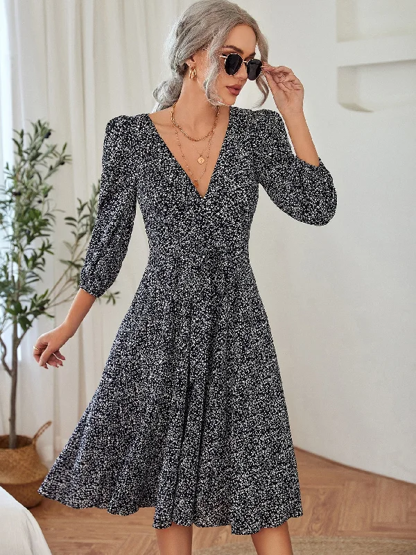 Ditsy Floral Three Quarter Length Sleeve V Neck Flared High Waist Midi Dress