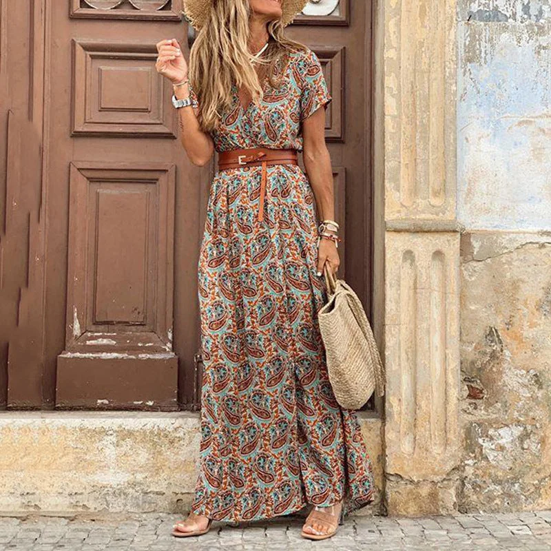 Boho Dress With Belt, Bohemian Maxi Summer Dress For Women