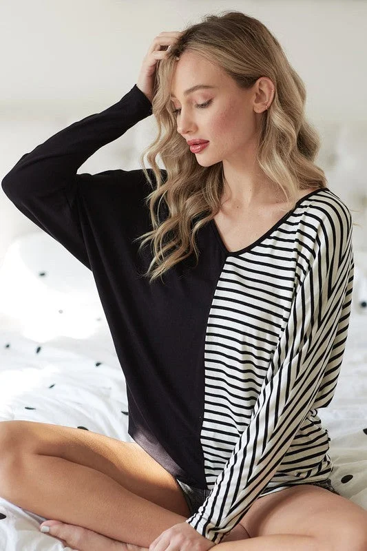 BiBi Two-Tone Striped V-Neck Long Sleeve T-Shirt