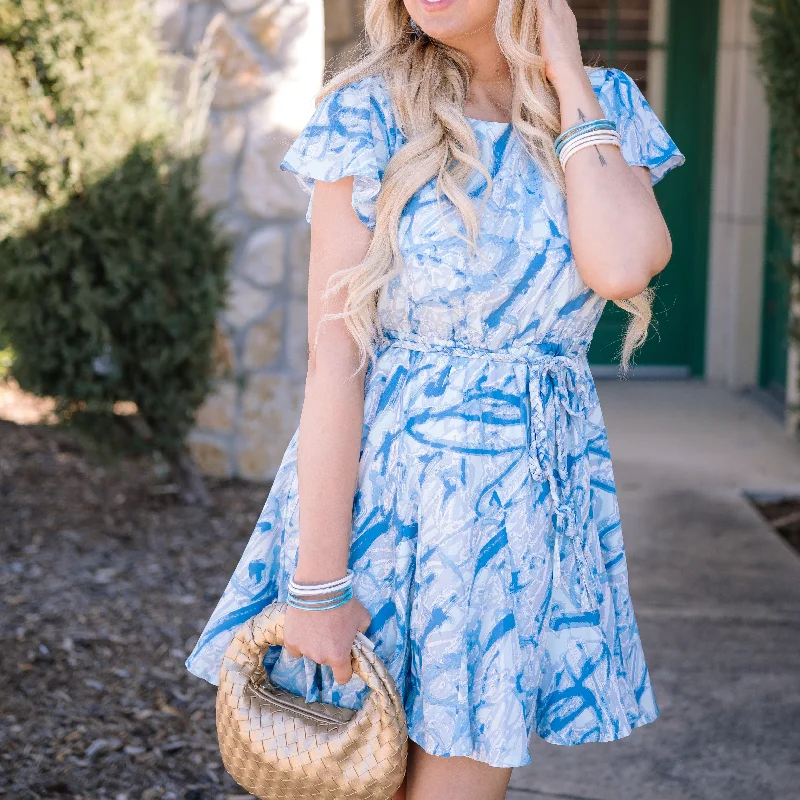 Abundance of Love Ruffled Braided Waist Blue Printed Dress - FINAL SALE