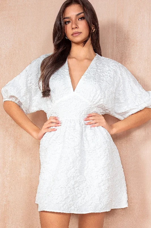 Dollie White Jacquard Puff Sleeve Dress