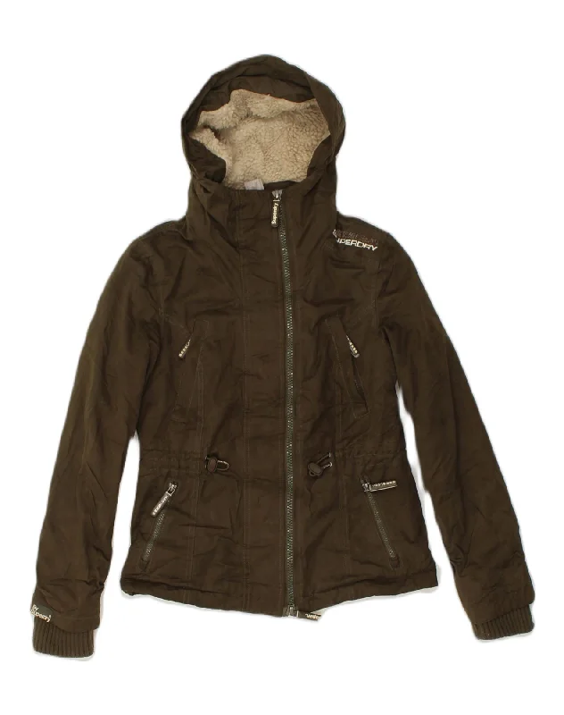 SUPERDRY Womens Windparka Hooded Parka Jacket UK 6 XS Khaki Cotton