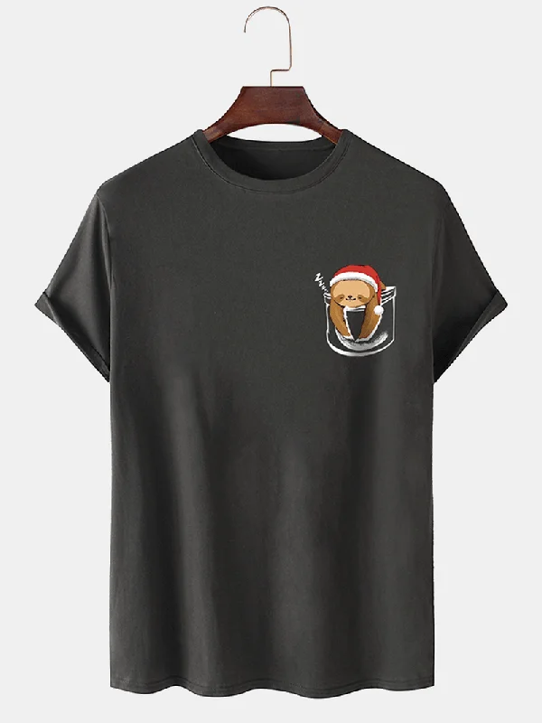 Mens 100% Cotton Christmas Bear O-Neck Solid Color Thin T-Shirt