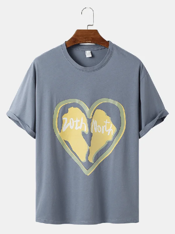 Mens Cotton Heart Shaped Print Crew Neck T-Shirts