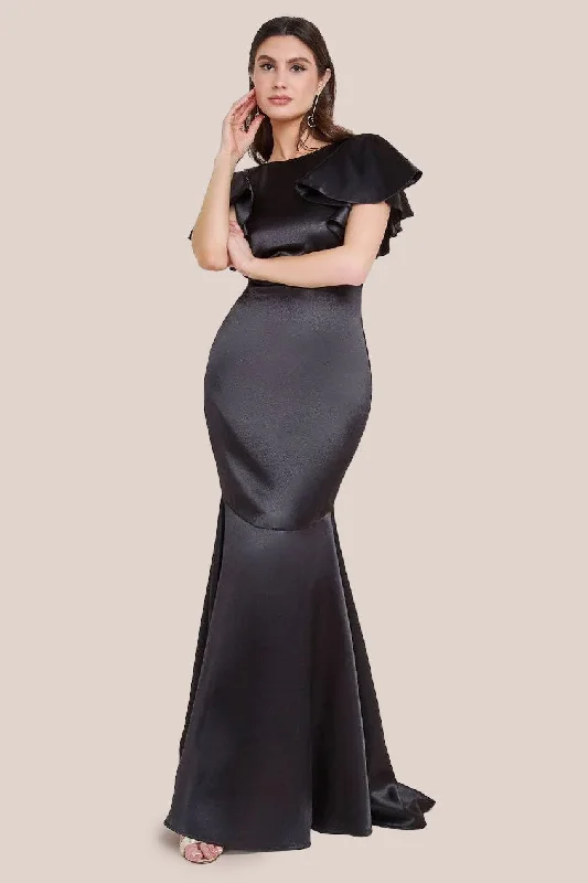 Goddiva Satin Flutter Sleeve Mermaid Maxi Dress