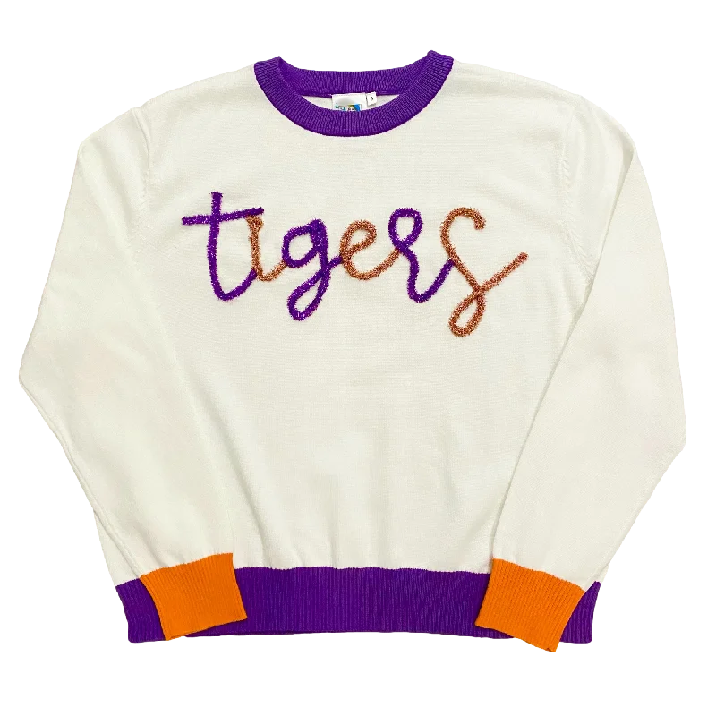 White w/ Purple & Orange "Tigers" LS Sweater - Licensed