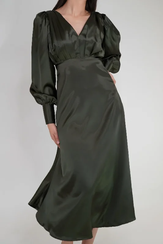 Tia Dark Olive Green Premium Satin Midi Dress With Long Sleeves