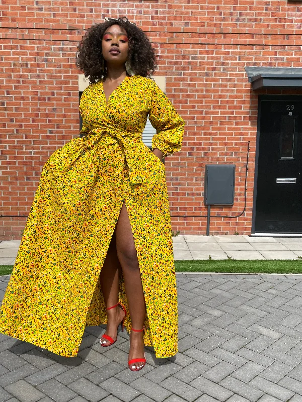 Ainsley Ankara Maxi Dress|Yellow African Floral Print