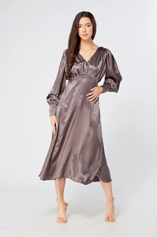 Zara Deep Grey Premium Satin Effect Midi Dress With Long Sleeves