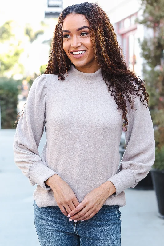 Taupe Brushed Melange Puff Short Sleeve Sweater