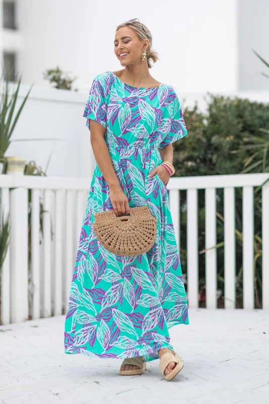 Mint Flower Print Boat Neck Maxi Dress