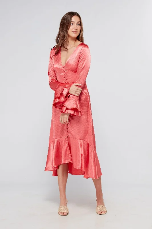 Sakura Coral Pink Buttoned Front Midi Dress