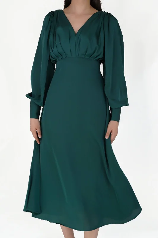 Zarina Emerald Green Luxury Matt Satin Midi Dress With Long Sleeves